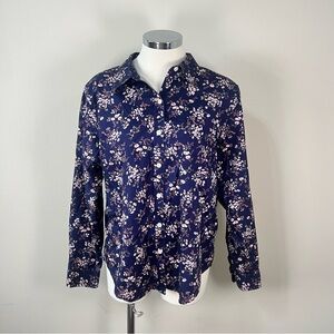 L.L. Bean Wrinkle-Free Floral Button Up Shirt Navy Pink Cotton Women's L Petite